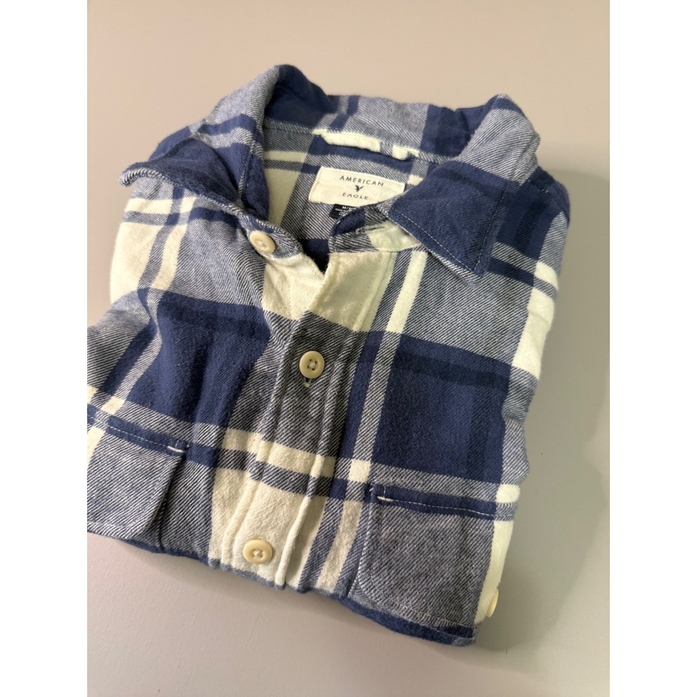 American Eagle Mens Flannel Shirt Medium Blue White Plaid Long Sleeve Cotton